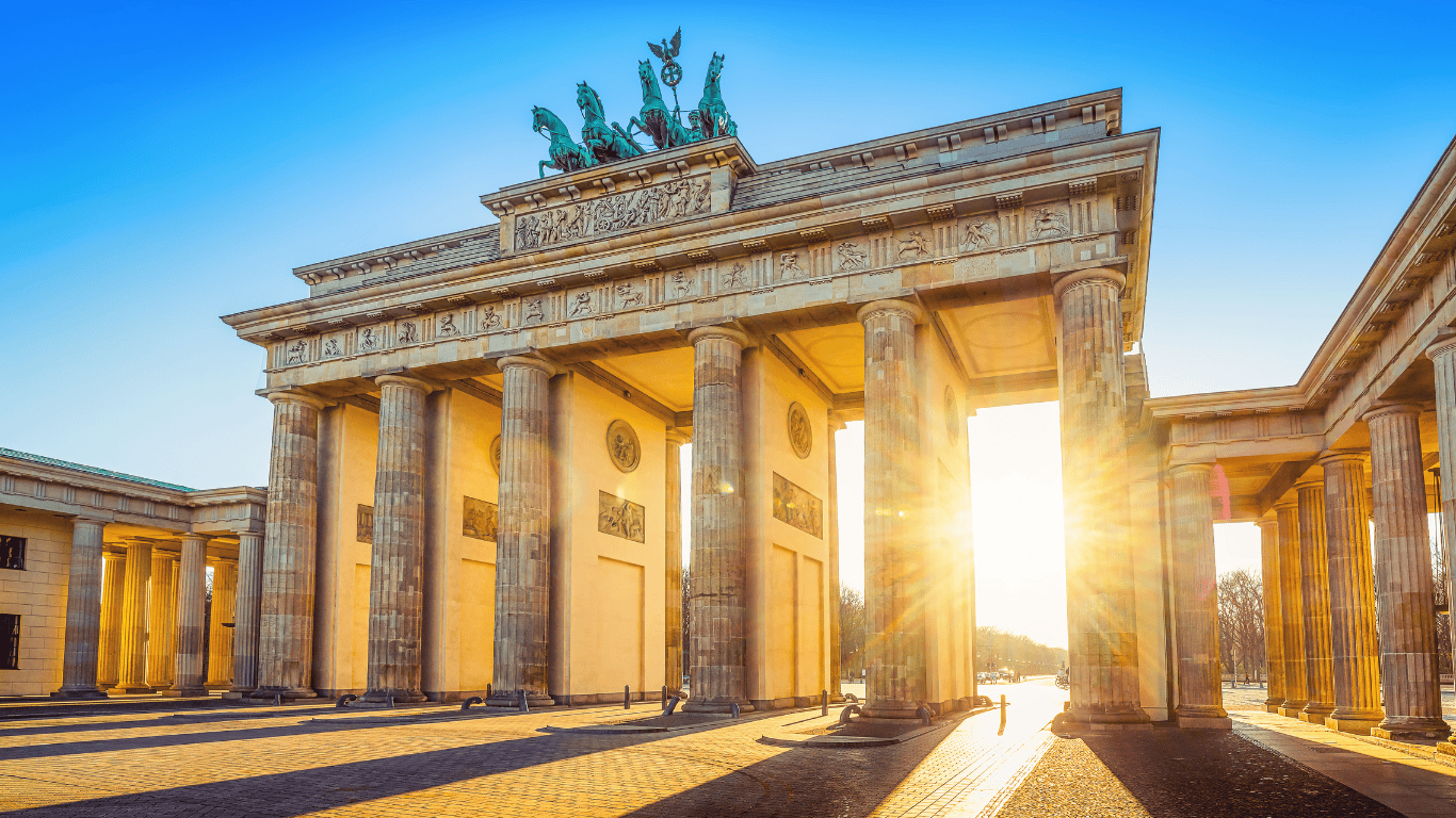 The Brandenburg Gate at sunset in Berlin, one of the easiest cities in Europe to eat vegan
