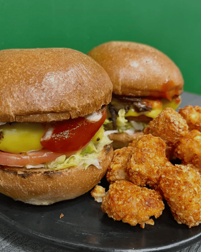 Indulgent vegan smashed burger with vegan cheese at Fatboy’s Vegan Burgers in Bed-Stuy, Brooklyn