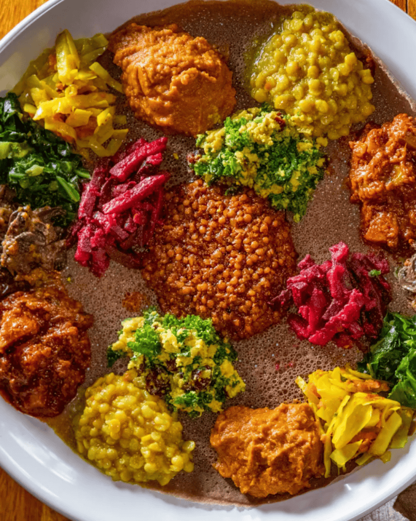 Communal vegan Ethiopian platter with injera at Bunna Cafe in Bushwick, Brooklyn