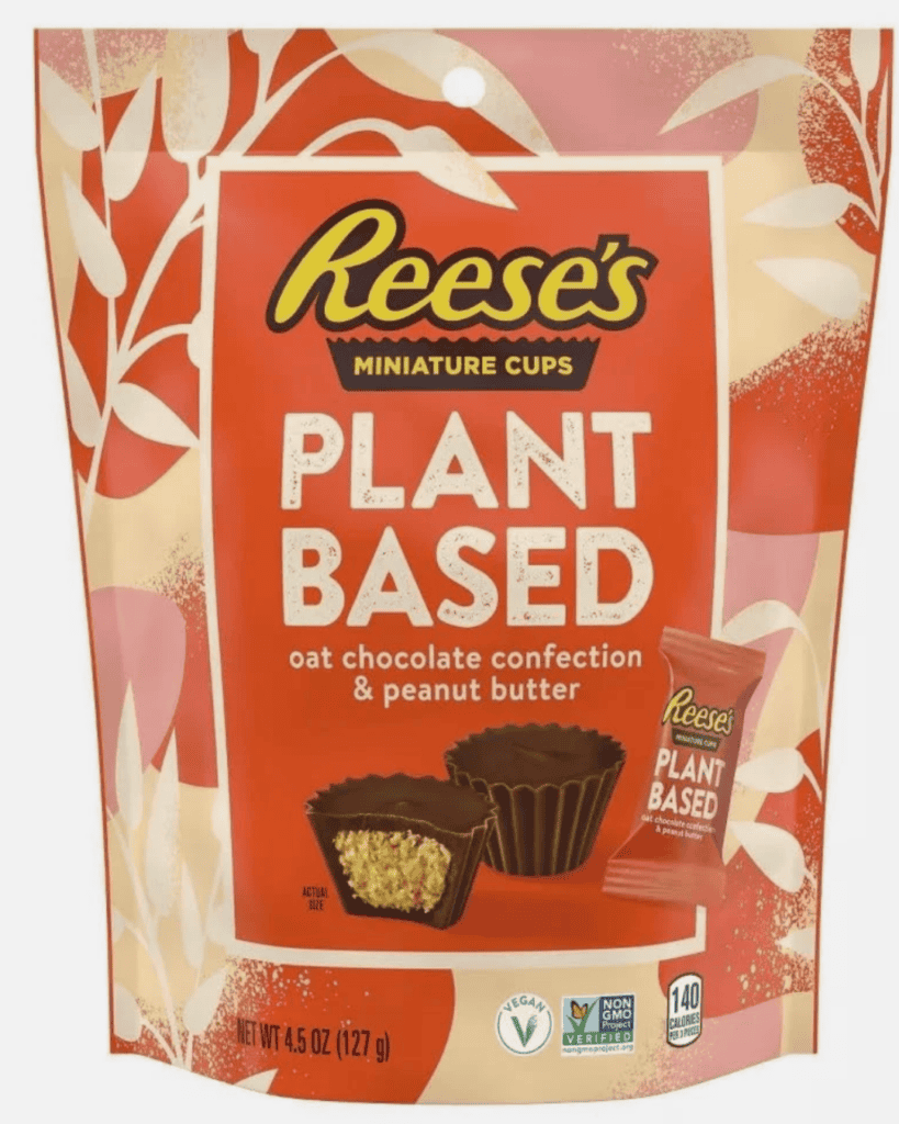 Reese's Plant Based peanut butter cups, a vegan Halloween candy with chocolate